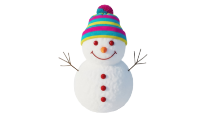 Cheerful snowman with colorful striped hat PNG isolated on transparent background, winter holiday season decoration element