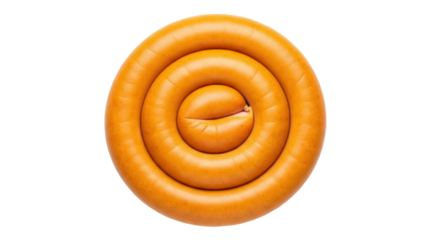Spiral sausage isolated PNG on transparent background, coiled kielbasa for grilling and cooking, delicious meat product