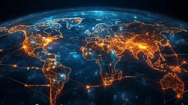 The map shows illuminated cities across the world at night, highlighting global connections and geographic details