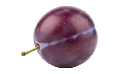 Ripe plum fruit PNG isolated on transparent background, fresh purple plum with stem for healthy eating and fruit-themed designs