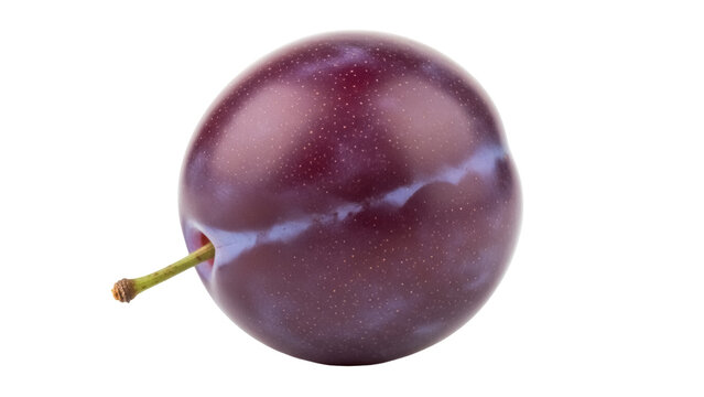 Ripe plum fruit PNG isolated on transparent background, fresh purple plum with stem for healthy eating and fruit-themed designs