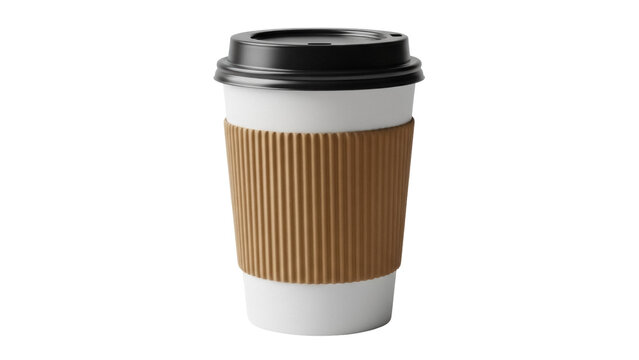 Coffee cup with black lid and cardboard sleeve isolated PNG, hot beverage container for cafe and restaurant use on transparent background