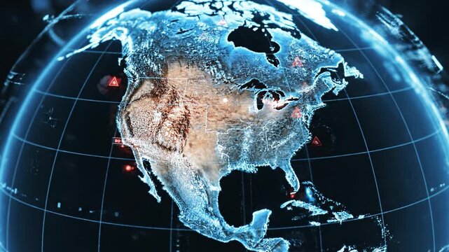 Futuristic digital globe showing North America with illuminated borders, terrain texture, grid lines and red alert markers conveying global monitoring and cybersecurity tension Futuristic holographic