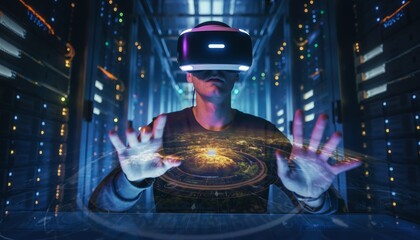 Man Experiencing Virtual Reality in a Futuristic Digital World.