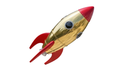 Golden retro rocket ship PNG isolated on transparent background, vintage space travel concept for graphic design and creative projects