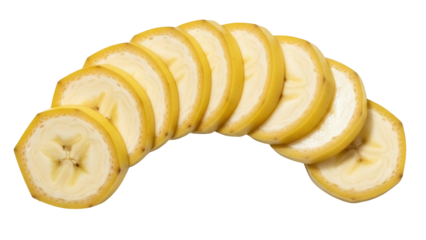 Sliced banana pieces isolated PNG on transparent background, fresh yellow fruit cut into circles for healthy eating and dessert use