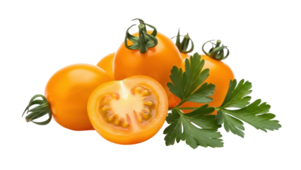 Fresh yellow tomatoes with parsley isolated PNG, vibrant and juicy vegetables on transparent background for healthy eating and culinary designs
