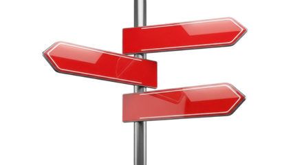 Red direction signs on pole isolated PNG, wayfinding signage with blank arrows for navigation and decision making on transparent background