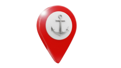 Red map pointer with silver anchor PNG isolated on transparent background, nautical location pin for travel and maritime themes