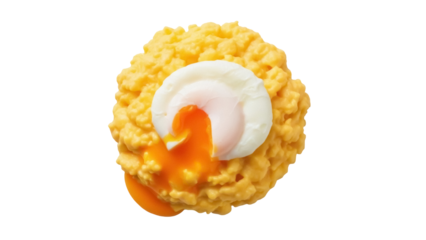 Delicious Scotch egg isolated PNG on transparent background, savory snack with runny yolk and crispy breadcrumbs for food design