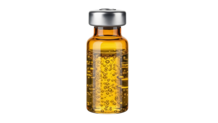 Amber glass vial with silver cap isolated PNG, medicine bottle with liquid and bubbles on transparent background, pharmaceutical packaging
