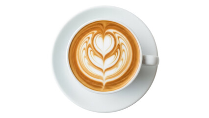 Latte art in a white cup isolated on transparent background PNG, coffee drink with heart design for cafe menu and beverage concepts