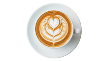 Latte art in a white cup isolated on transparent background PNG, coffee drink with heart design for cafe menu and beverage concepts