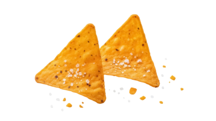 Two orange triangle tortilla chips isolated PNG on transparent background, salty snack for party food and appetizer