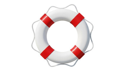White life buoy with red stripes isolated PNG, safety equipment for swimming pool or boat, life saving device on transparent background