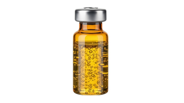 Amber glass vial with silver cap isolated PNG, medicine bottle with liquid and bubbles on transparent background, pharmaceutical packaging