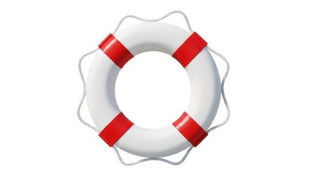 White life buoy with red stripes isolated PNG, safety equipment for swimming pool or boat, life saving device on transparent background