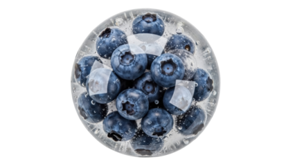 Blueberries in clear resin ball isolated PNG, fresh fruit suspended in transparent sphere for decorative design elements