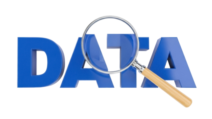 Blue 3D data text with magnifying glass isolated PNG, information analysis and research concept on transparent background