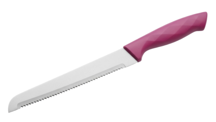 Serrated bread knife with pink handle isolated PNG, kitchen utensil for slicing bread on transparent background