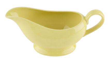 Pale yellow gravy boat isolated PNG, classic sauce server with handle on transparent background for culinary and dining concepts