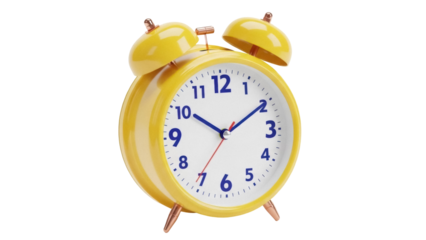 Yellow twin bell alarm clock PNG isolated on transparent background, retro style timekeeping device for waking up and reminders