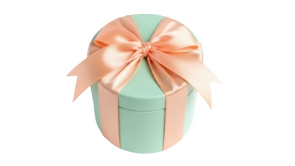 Mint green round gift box with peach ribbon isolated PNG, present for birthday or special occasion on transparent background