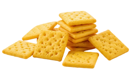 Pile of golden square crackers isolated PNG, crispy baked snack food on transparent background for healthy eating and party appetizers