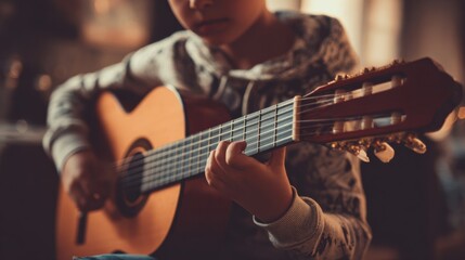 Obraz premium Charming Child Guitarist in Soft Warm Tones