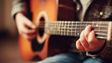 Fototapeta premium Joyful Child Playing Guitar in Warm Light