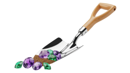 Garden trowel with amethyst and emerald gemstones isolated PNG, treasure hunting and gardening concept on transparent background