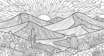 Fototapeta premium Intricate zentangle style drawing depicts a desert landscape scene with celestial bodies.