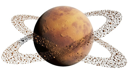 Rocky planet with asteroid ring isolated PNG, brown planet with craters and ring of rocks on transparent background, space exploration concept