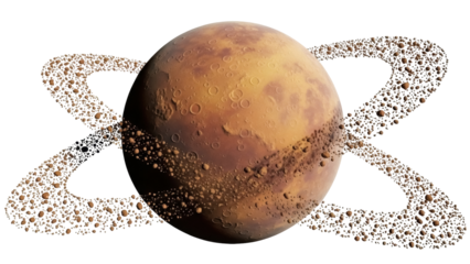 Rocky planet with asteroid ring isolated PNG, brown planet with craters and ring of rocks on transparent background, space exploration concept