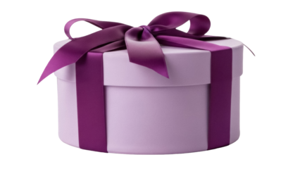 Round gift box with purple ribbon isolated PNG on transparent background, present for birthday or special occasion celebration