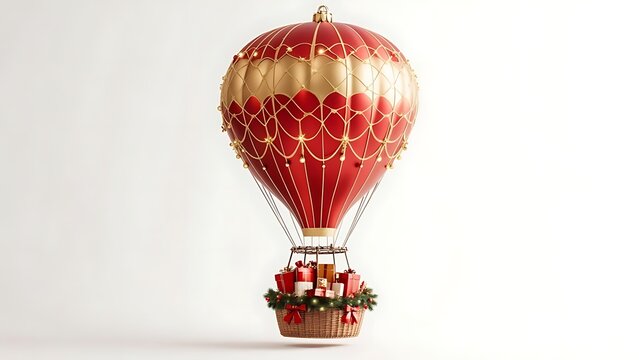 Festive red and gold hot air balloon, carrying Christmas gifts in a basket, festive decor, white backdrop
