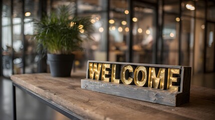 Obraz premium Welcome Sign on Desk in Modern Office Hospitality Concept