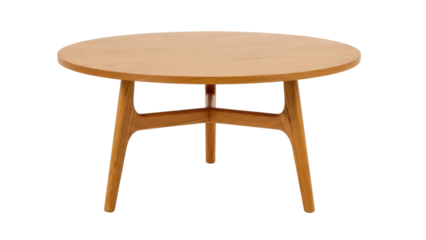 Round wooden coffee table isolated PNG on transparent background, mid-century modern furniture for living room interior design