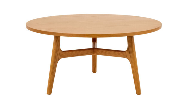 Round wooden coffee table isolated PNG on transparent background, mid-century modern furniture for living room interior design