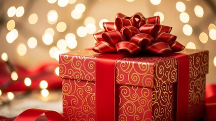 Elegant red Christmas gift box with gold swirl patterns and a large satin bow against warm glowing bokeh lights
