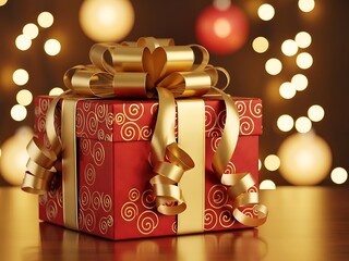 Elegant red Christmas gift box with gold swirl patterns and a large satin bow against warm glowing bokeh lights