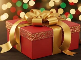 Elegant red Christmas gift box with gold swirl patterns and a large satin bow against warm glowing bokeh lights