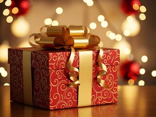Elegant red Christmas gift box with gold swirl patterns and a large satin bow against warm glowing bokeh lights