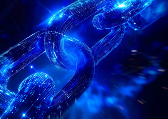 青く発光するデジタルチェーンとネットワーク構造 ブロックチェーンと信頼を象徴する未来的3Dイメージイラスト