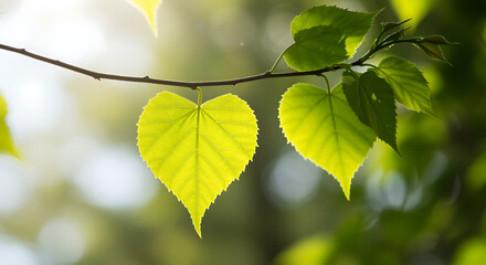 Heart shaped leaf on a tree branch with blurred background