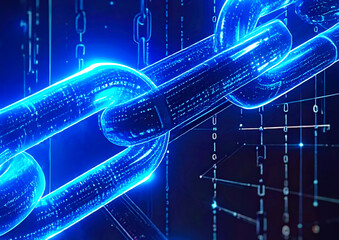 青く発光するデジタルチェーンとネットワーク構造 ブロックチェーンと信頼を象徴する未来的3Dイメージイラスト