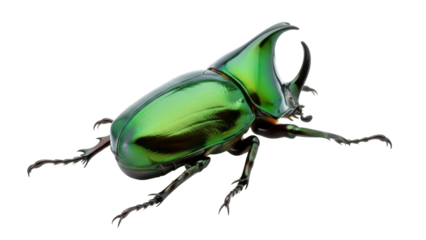 Brilliant green rhinoceros beetle PNG isolated on transparent background, exotic insect with horn for design and educational use