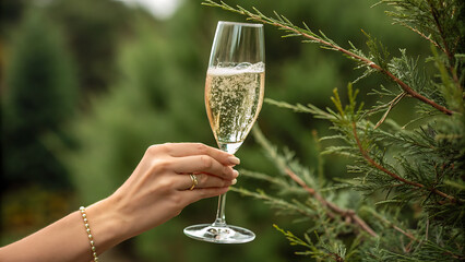 Hand holding a flute of sparkling champagne or prosecco outdoors with green foliage background celebration toast