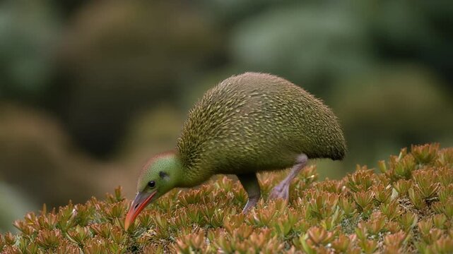 A resilient flightless Weka bird with striking green-brown plumage and a vibrant red beak, meticulously foraging for sustenance amidst dense, reddish native undergrowth in its pristine natural habitat
