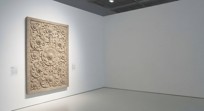 A floral relief art is displayed on a white wall within a modern gallery setting